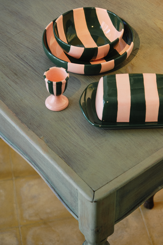 Striped Pink & Green Ceramic Butter Dish