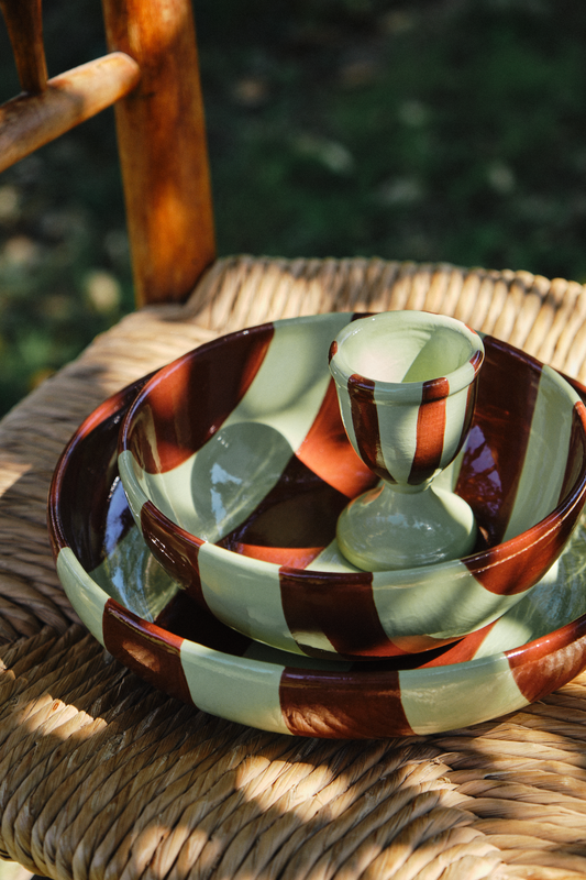 Set of 2 Striped Brown & Green Ceramic Egg Holders
