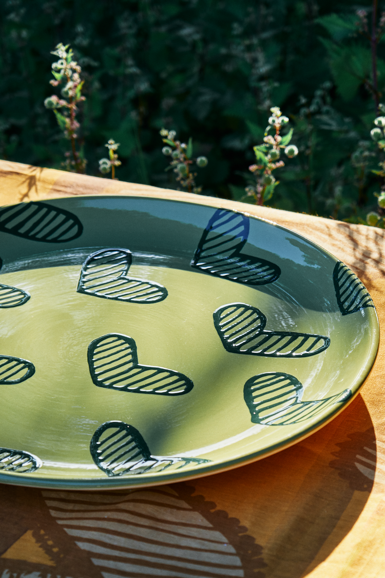 Hearts Hand-Painted Green Ceramic Extra Large Platter