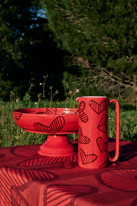 Hearts Hand-Painted Red Ceramic Tall Carafe