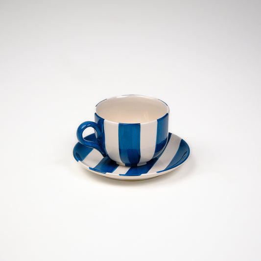 Striped White & Blue Ceramic Cappuccino Cups Set of 2