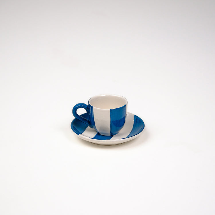 Striped White & Blue Ceramic Espresso Cups set of 2