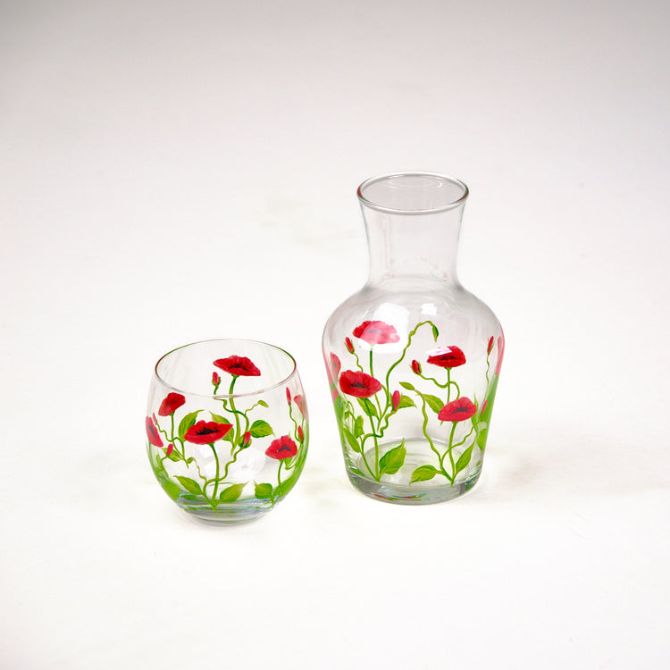 Bedside Table Water Hand-painted Glass Set Poppy Red