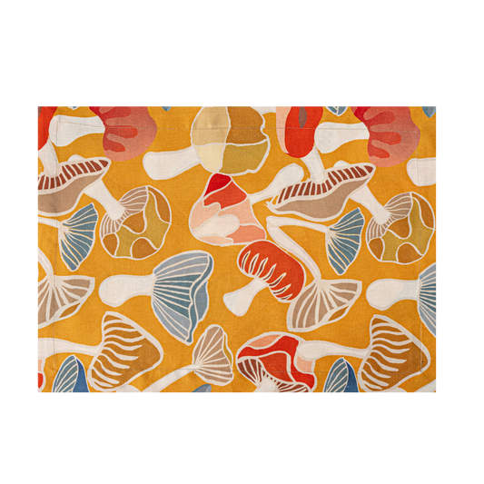 Linen Placemat in a mustard yellow mushrooms pattern