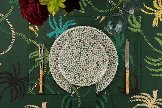 Dark Green Linen Quilted Placemat in a palm trees pattern