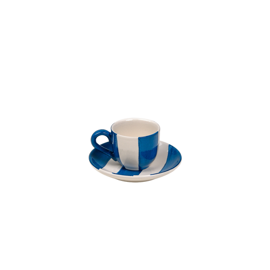 Striped White & Blue Ceramic Espresso Cups set of 2