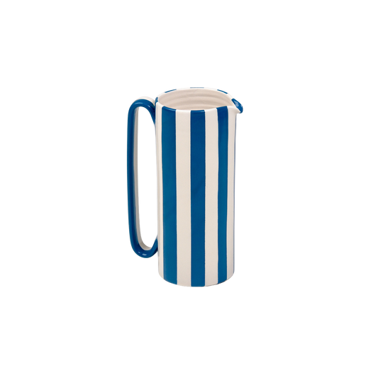 Striped White & Blue Tall Ceramic Carafe