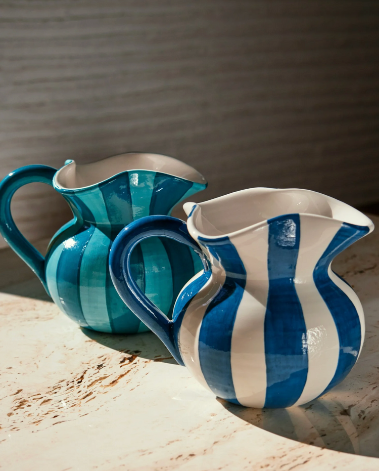Striped White & Blue Short Ceramic Carafe