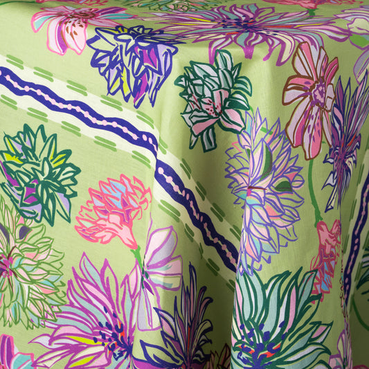 Flower Fields Green Linen Tablecloth