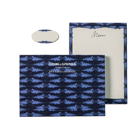  Table's Stationery including 10 menu cards and 10 place cards, in a midnight blue tie-dye pattern