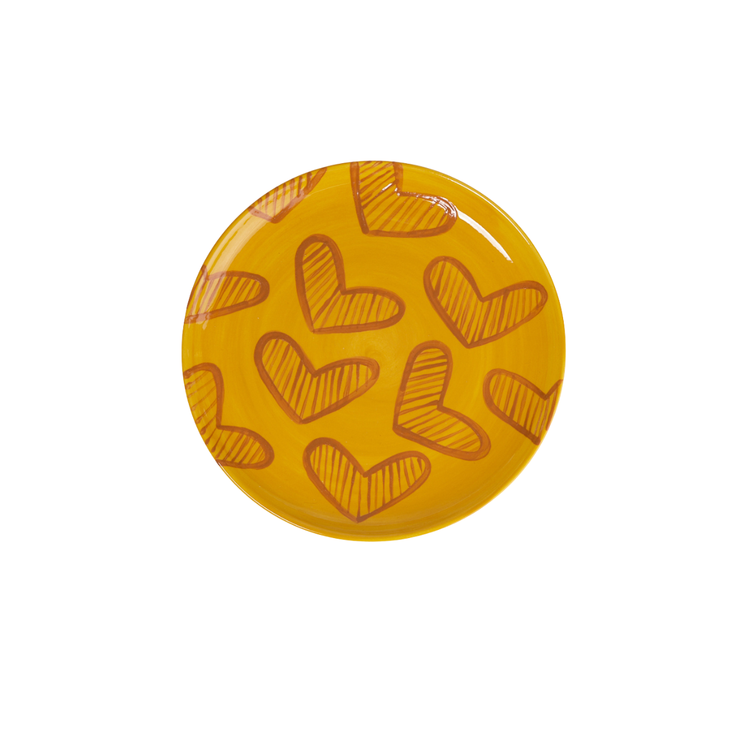 Hearts Hand-Painted Yellow Ceramic Dessert Plate