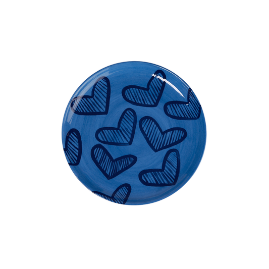 Hearts Hand-Painted Blue Ceramic Dessert Plate