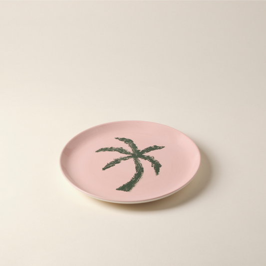 Palm Tree Hand-Painted Pink Ceramic Dinner Plate