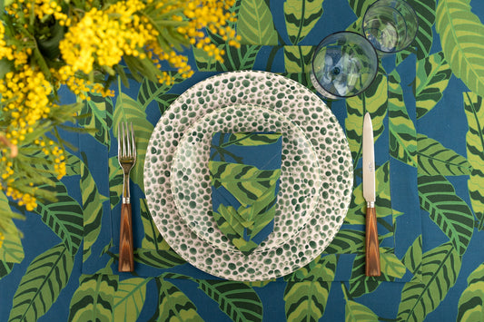 Blue Linen Placemat in a green leaves pattern