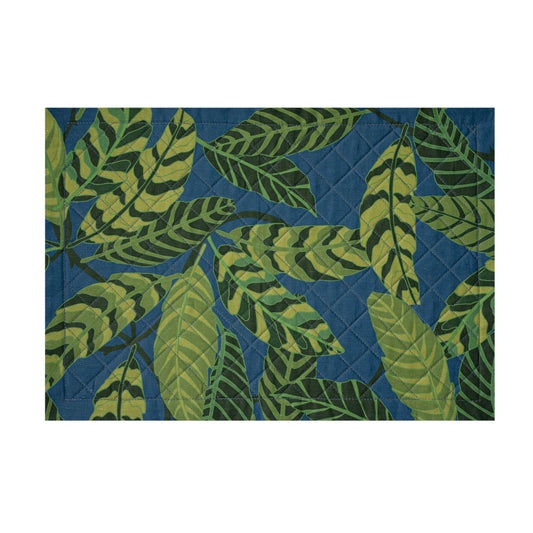 Blue Linen Quilted Placemat in a green leaves pattern