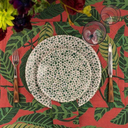Red Linen Quilted Placemat in a green leaves pattern