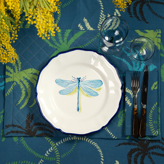 Blue Linen Quilted Placemat in a palm trees pattern