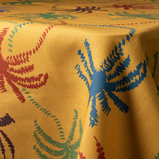 Mustard Yellow Palm Trees Linen Tablecloth