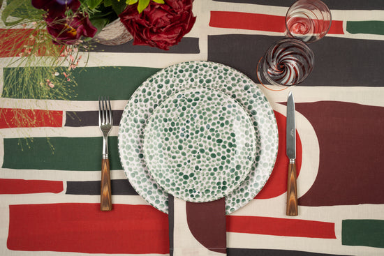 Linen Tablecloth with with abstract geometric shapes, in a bold color palette.