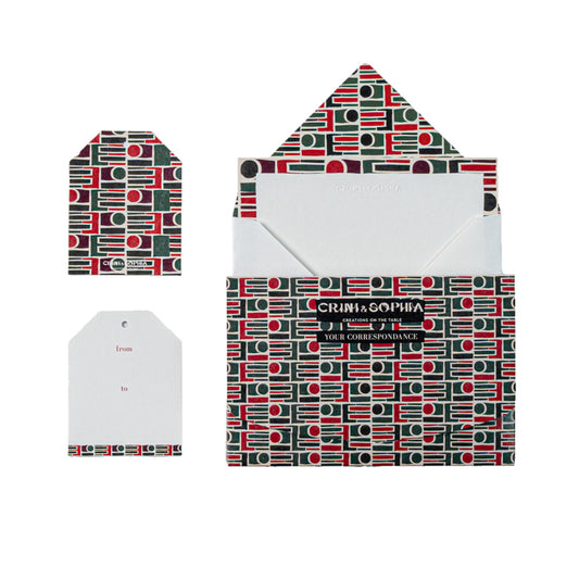 Correspondence box including 10 cards, 10 envelopes and 10 gift tags in an abstract geometric pattern.