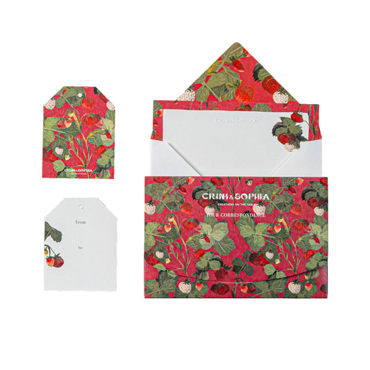 Correspondence box including 10 cards, 10 envelopes and 10 gift tags in a red strawberries pattern.