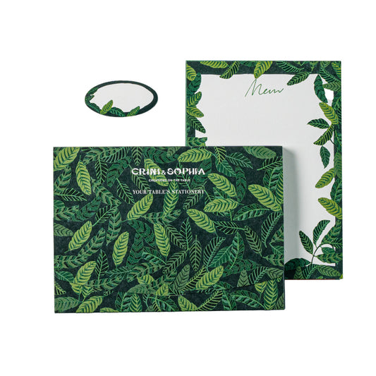 Table's Stationery including 10 menu cards and 10 place cards, in a green garden pattern