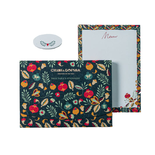 Table's Stationery including 10 menu cards and 10 place cards, in a green pomegranates pattern