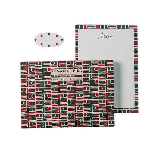 Table's Stationery including 10 menu cards and 10 place cards, in an abstract geometric shapes pattern