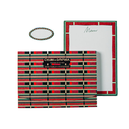 Table's Stationery including 10 menu cards and 10 place cards, in a green and red stamps pattern