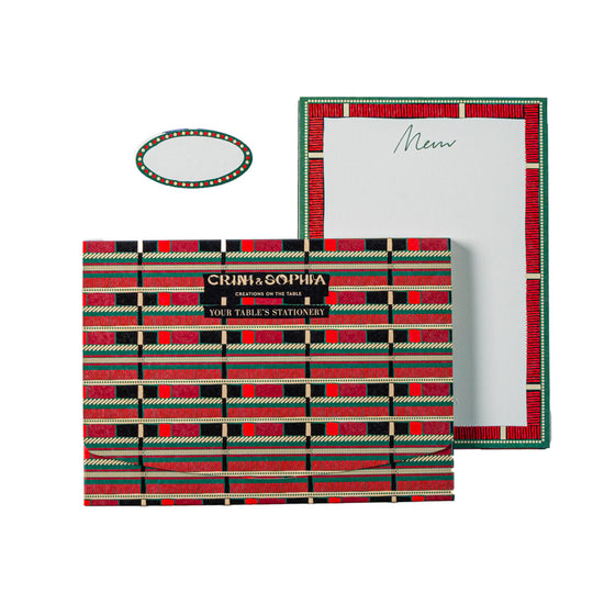 Table's Stationery including 10 menu cards and 10 place cards, in a green and red stamps pattern
