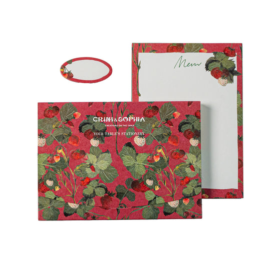 Table's Stationery including 10 menu cards and 10 place cards, in a red strawberries tie-dye pattern