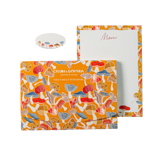 Table's Stationery including 10 menu cards and 10 place cards, in an orange mushrooms pattern