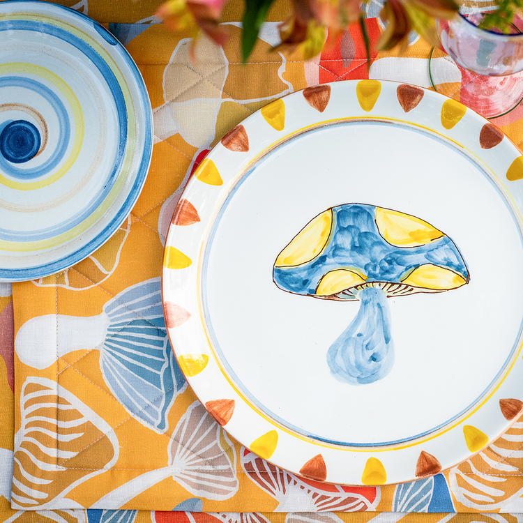 Mustard Yellow Linen Quilted Placemats with mushrooms