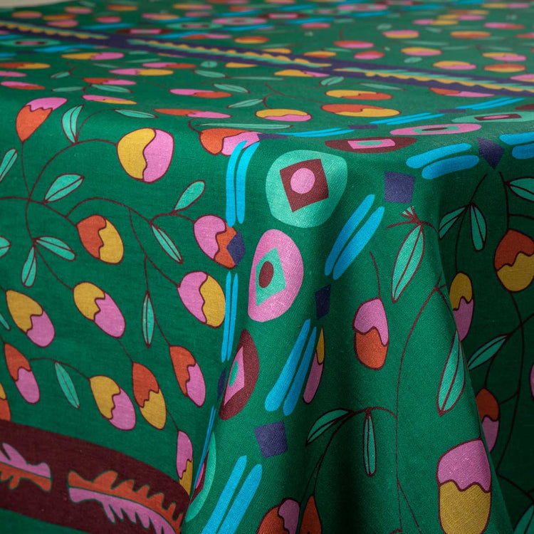 Green Floral Linen Tablecloth